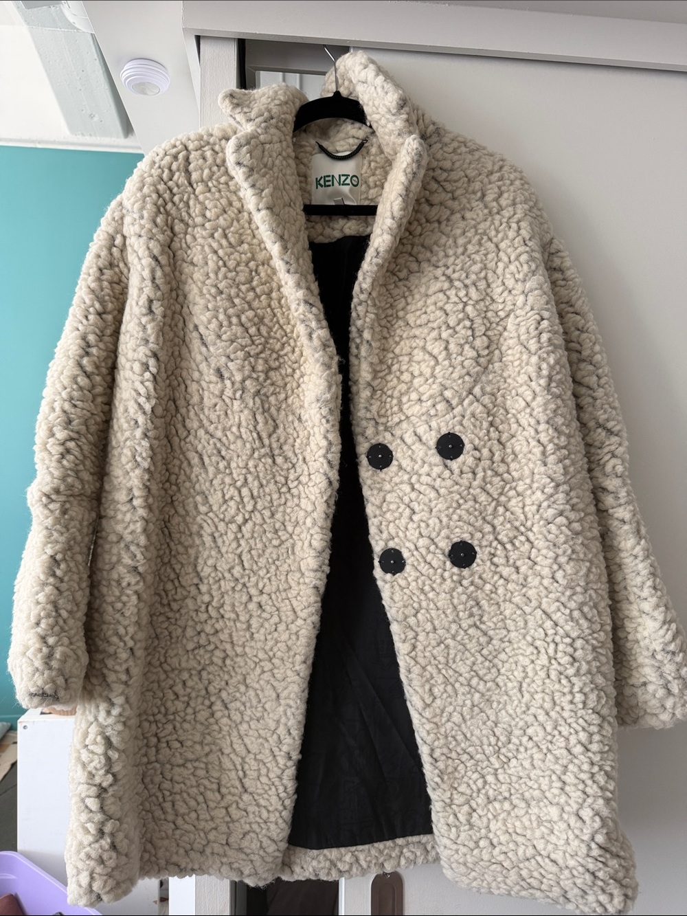 Kenzo Cream Teddy Faux-Shearling Wool Blend Double-Breasted Coat